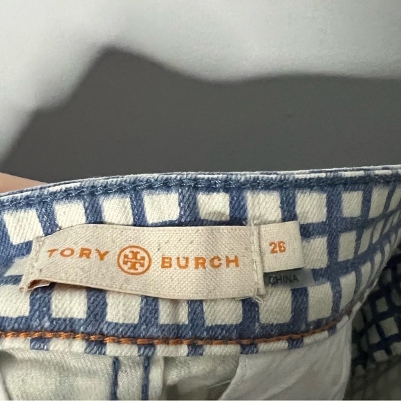 Tory Burch Crop Ankle Pants Blue Haven Canvas White Check Grid Side Zip Size 26 - Picture 7 of 9